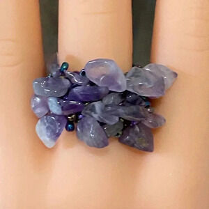 Amethyst Purple Handmade Seed Bead and Stone Chips Stretch Ring